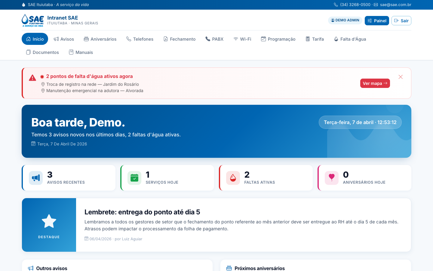 Tela inicial da intranet com avisos em destaque, aniversariantes e atalhos.